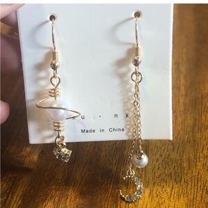 3/$20 gold tone, faux pearl rhinestone star and moon earrings
